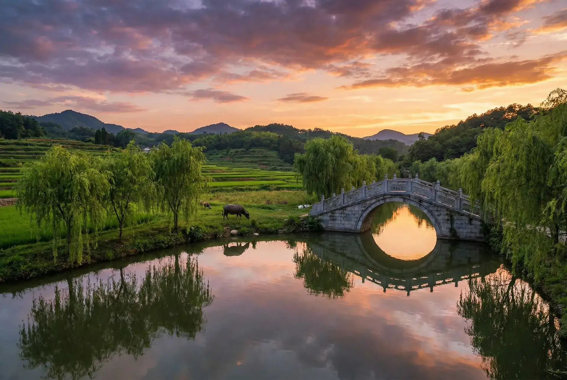 夕阳下的石拱桥与垂柳，水牛在河边吃草 - 年轻的母亲4在线看全集 乡村美景